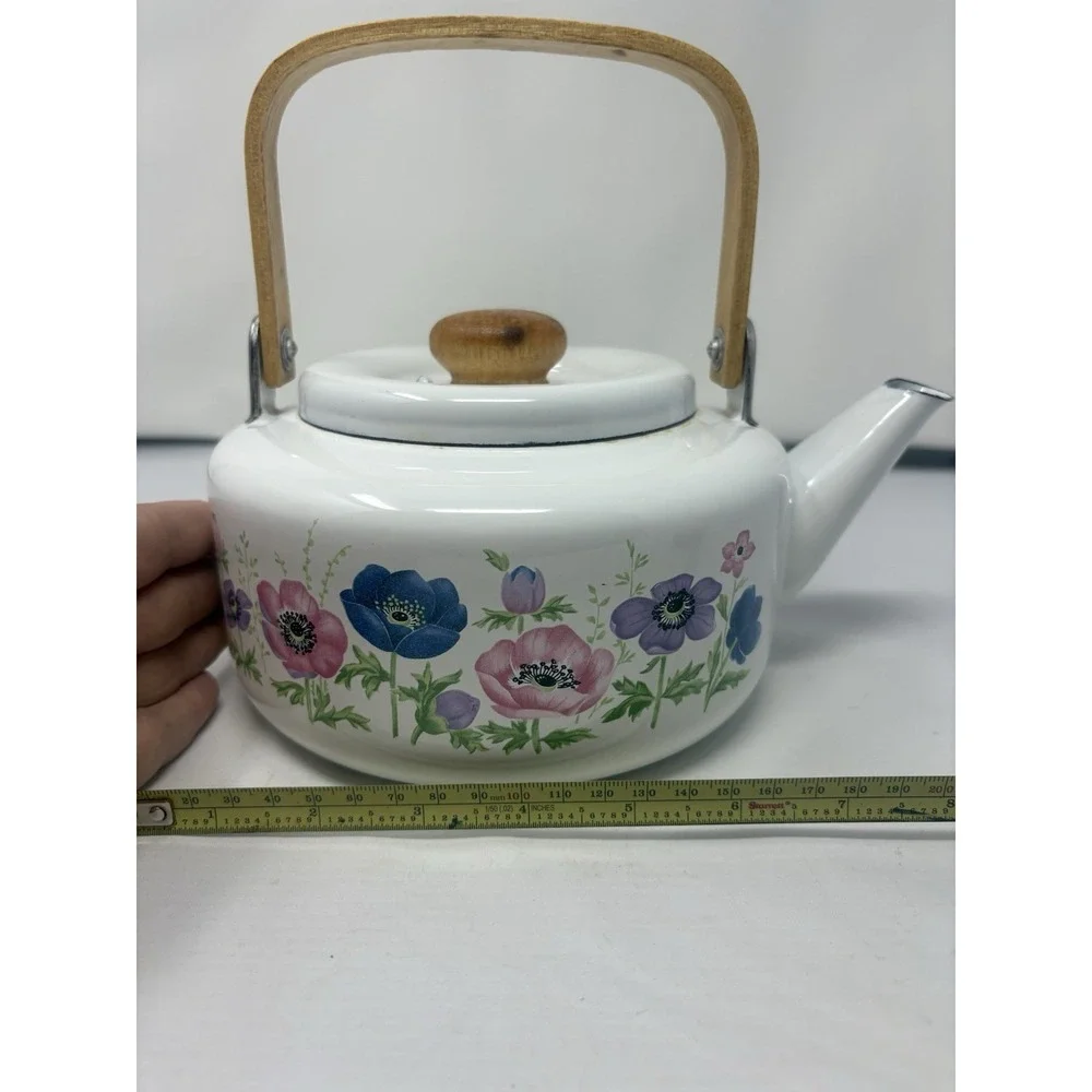 Vintage National Housewares Metal Teapot Kettle Floral Garden Bamboo 1985 Granny